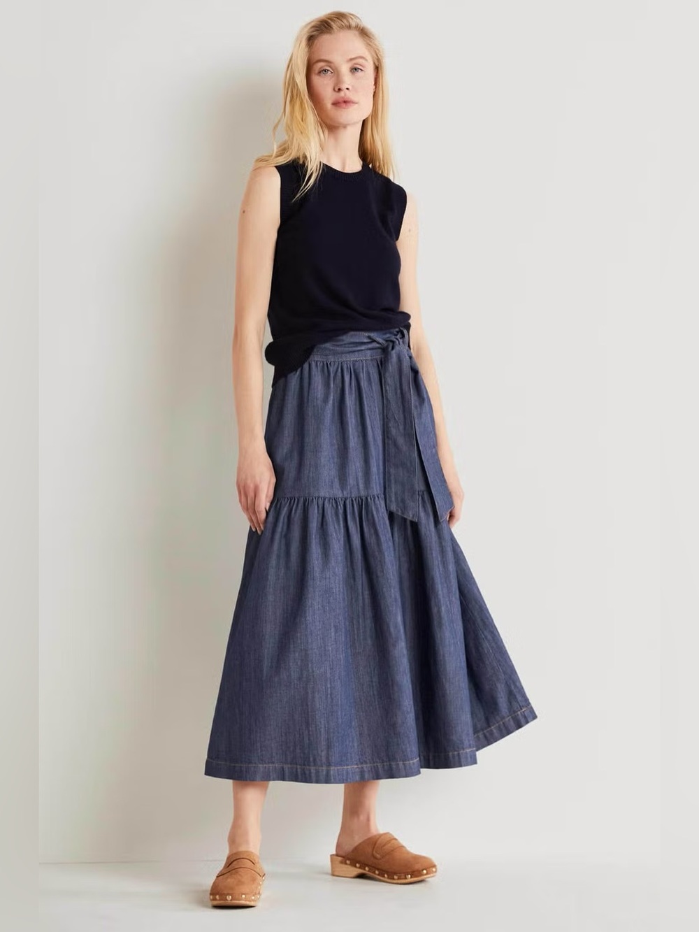 Boden Tiered Denim Midi Skirt size US 12P